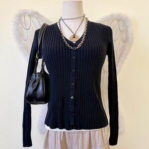 Fitted Basic Black Ribbed Button Up Cardigan Sweater minimal Girly Grunge Y2K